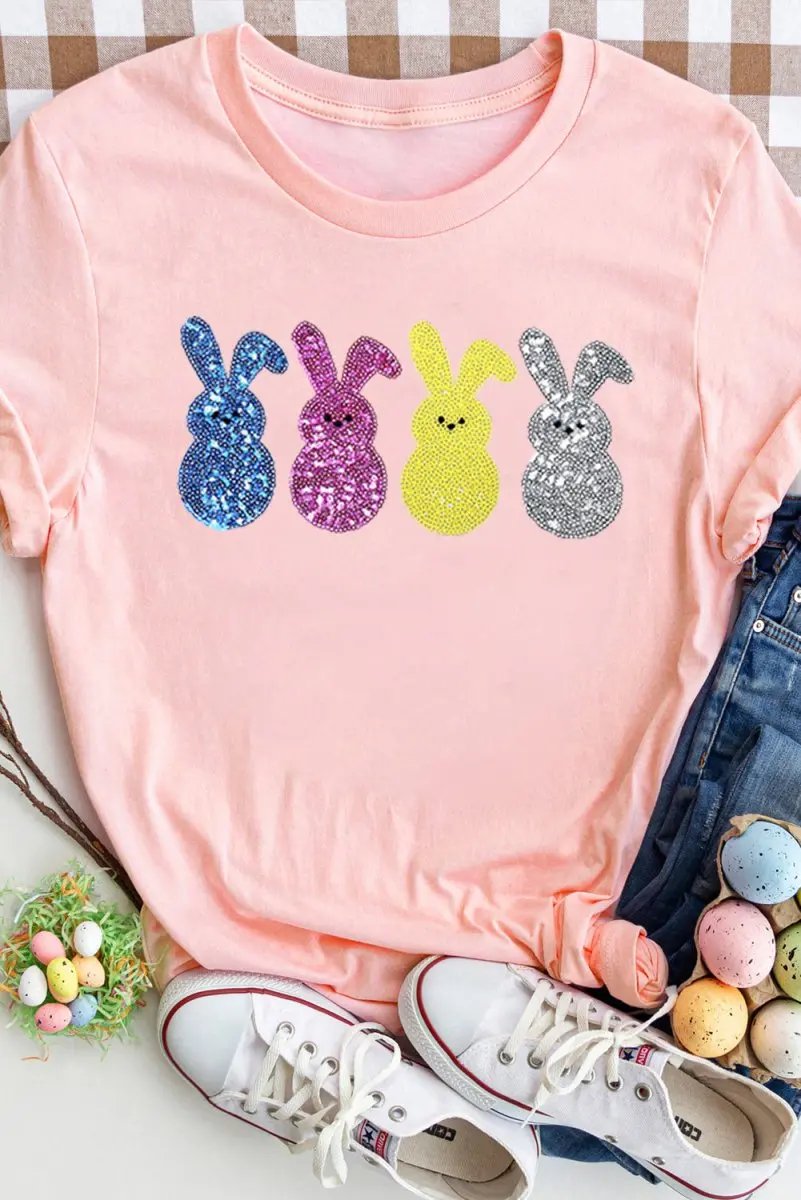 Pink Sequin Cute Bunny Graphic Easter Fashion Tee Shirt - Love Salve
